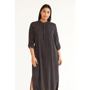 Unqilo Womens Striped Long Sleeve Midi Shirt Dress Navy/Beige M